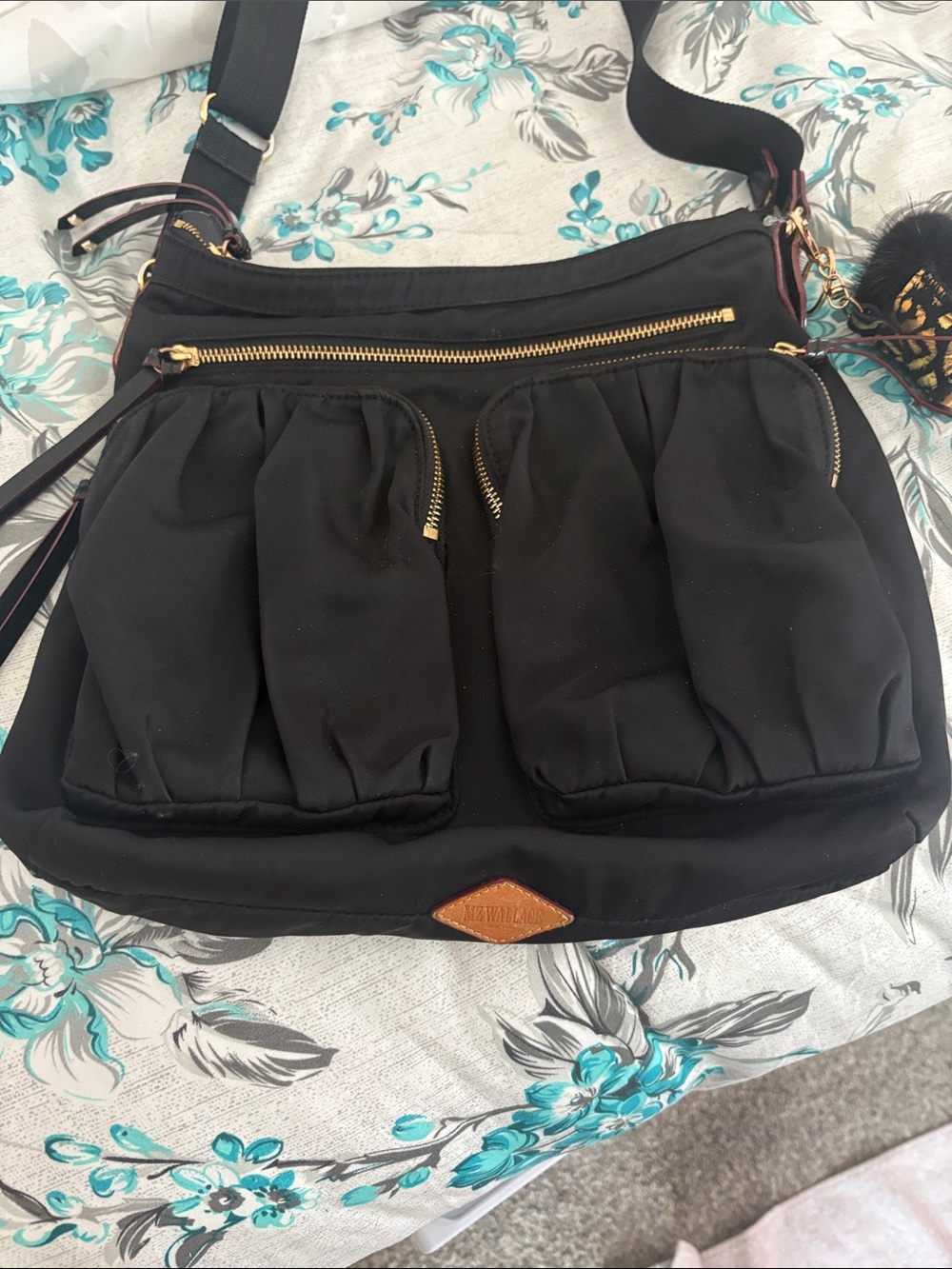 MZ Wallace Black Nylon Crossbody with Gold Hardware and Pom Charm - Picture 2 of 8